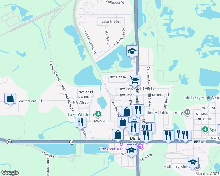map of restaurants, bars, coffee shops, grocery stores, and more near 411 Northwest 9th Street in Mulberry