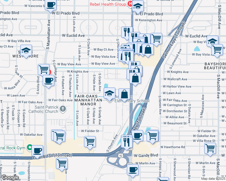 map of restaurants, bars, coffee shops, grocery stores, and more near 3812 North Oak Drive in Tampa