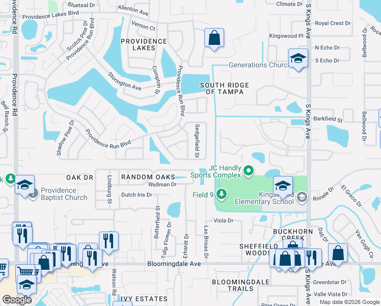 map of restaurants, bars, coffee shops, grocery stores, and more near 1933 Sedgefield Street in Brandon