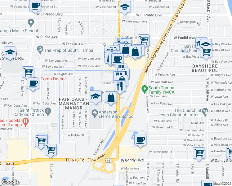 map of restaurants, bars, coffee shops, grocery stores, and more near 4516 South Dale Mabry Highway in Tampa