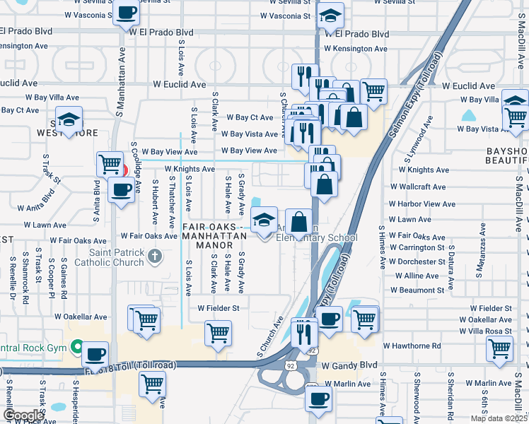 map of restaurants, bars, coffee shops, grocery stores, and more near 3812 North Oak Drive in Tampa
