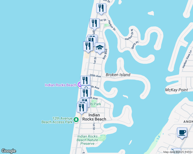 map of restaurants, bars, coffee shops, grocery stores, and more near 1901 1st Street in Indian Rocks Beach