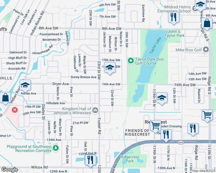 map of restaurants, bars, coffee shops, grocery stores, and more near 2273 17th Avenue Southwest in Largo