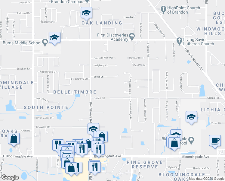map of restaurants, bars, coffee shops, grocery stores, and more near 1036 Guiles Road in Brandon