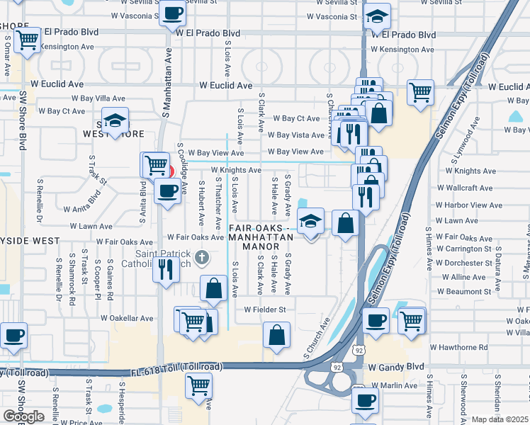 map of restaurants, bars, coffee shops, grocery stores, and more near 4326 South Clark Avenue in Tampa