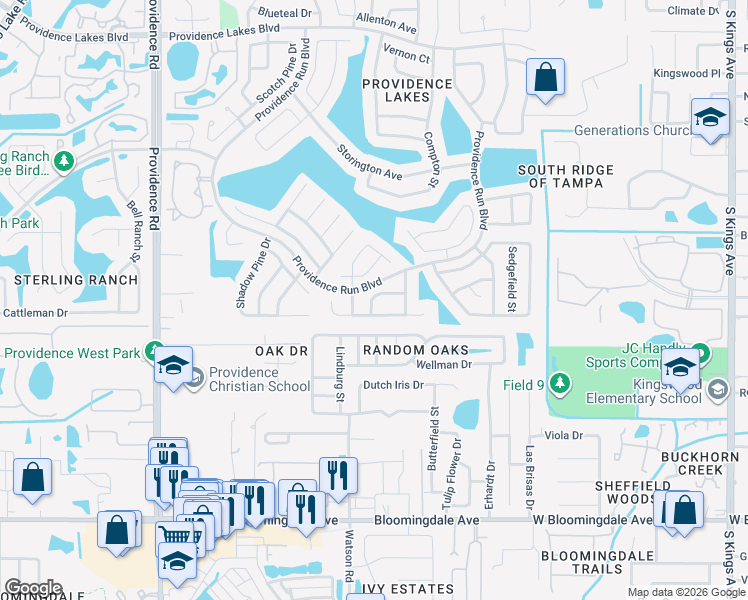 map of restaurants, bars, coffee shops, grocery stores, and more near 1423 Cloverfield Drive in Brandon