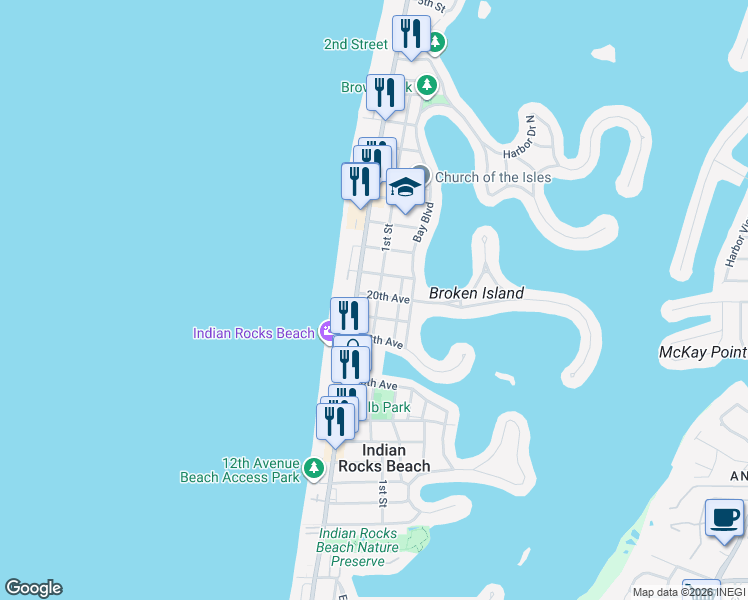 map of restaurants, bars, coffee shops, grocery stores, and more near 1922 1st Street in Indian Rocks Beach