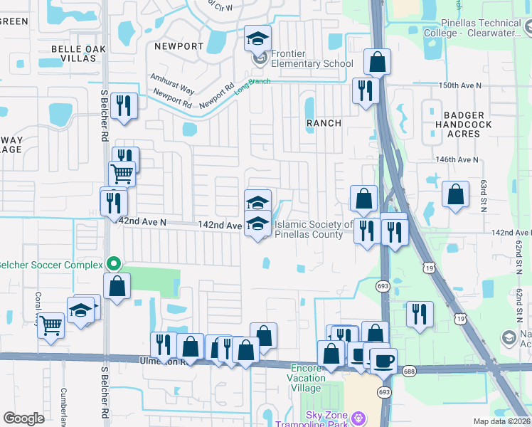 map of restaurants, bars, coffee shops, grocery stores, and more near 7001 142nd Avenue North in Largo