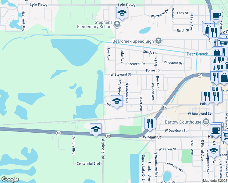 map of restaurants, bars, coffee shops, grocery stores, and more near 1430 Bryant Street in Bartow