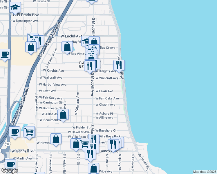 map of restaurants, bars, coffee shops, grocery stores, and more near 2929 West Lawn Avenue in Tampa