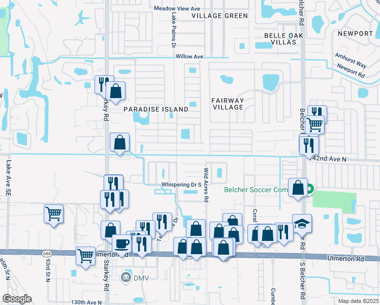 map of restaurants, bars, coffee shops, grocery stores, and more near 3127 Whispering Drive North in Largo