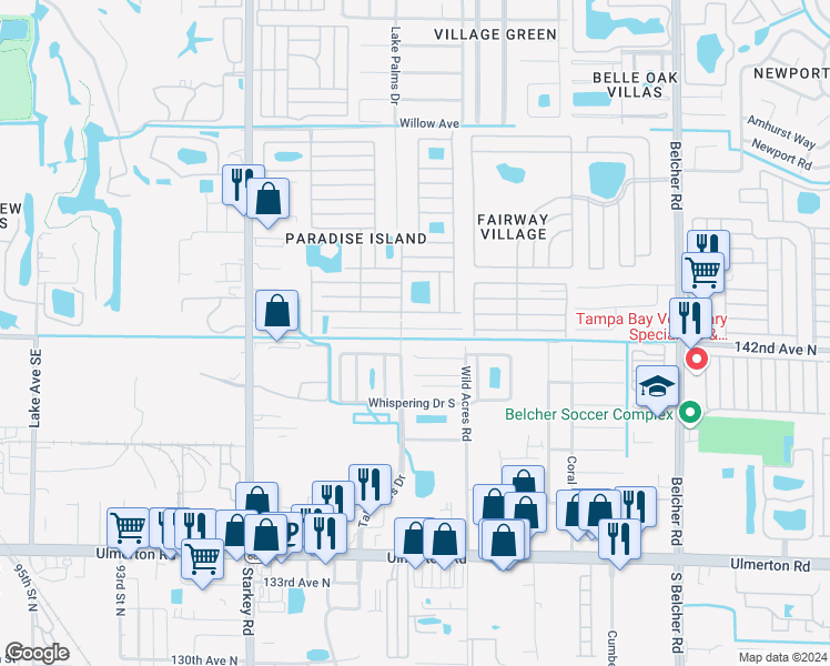 map of restaurants, bars, coffee shops, grocery stores, and more near 3001 Whispering Drive North in Largo