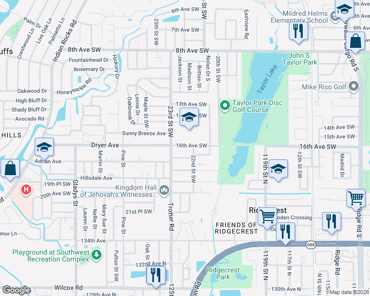 map of restaurants, bars, coffee shops, grocery stores, and more near 2273 17th Avenue Southwest in Largo