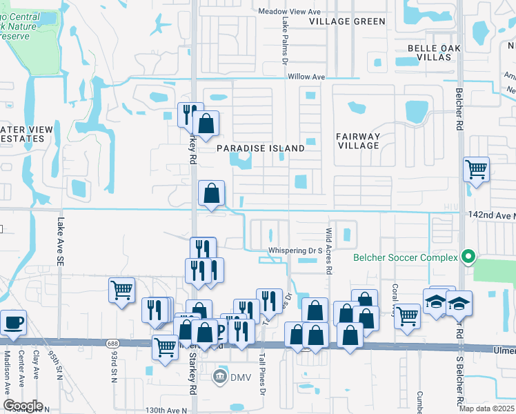 map of restaurants, bars, coffee shops, grocery stores, and more near 2817 Whispering Drive North in Largo