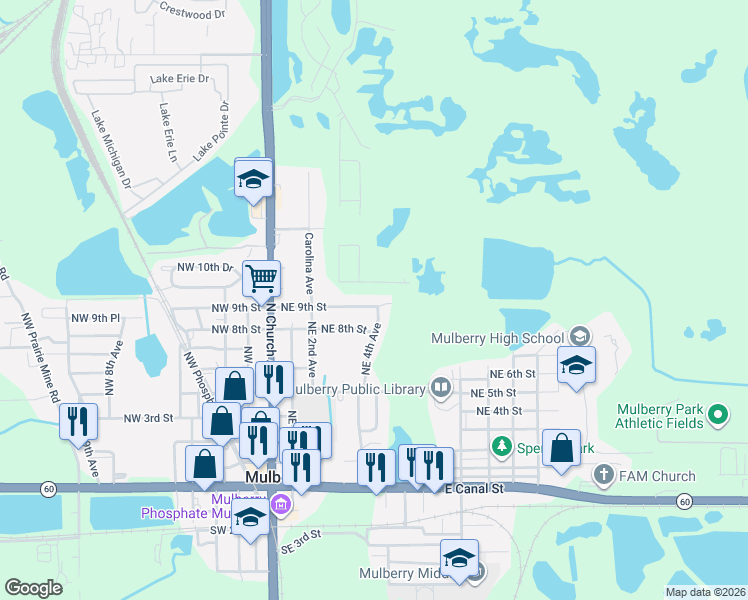 map of restaurants, bars, coffee shops, grocery stores, and more near 909 Northeast 4th Avenue in Mulberry