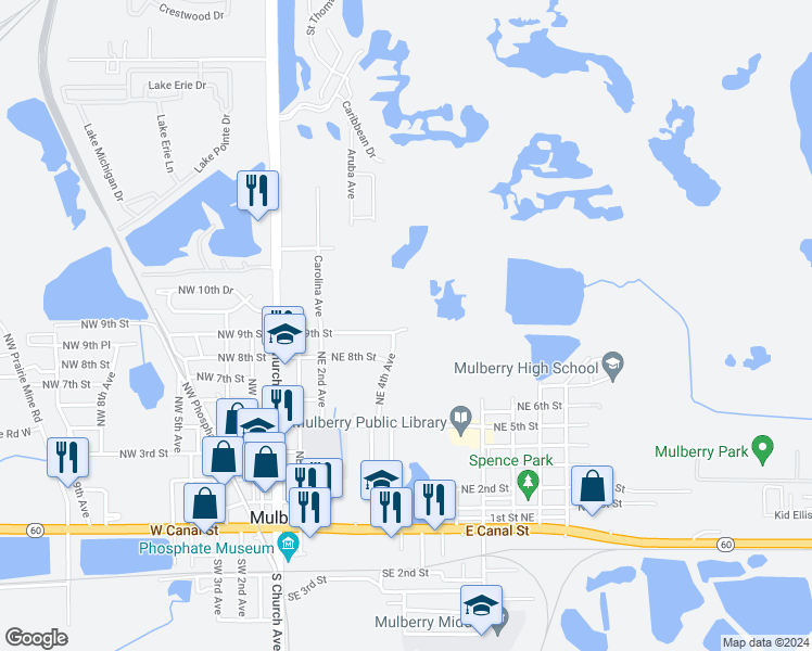 map of restaurants, bars, coffee shops, grocery stores, and more near 406 Northeast 9th Street in Mulberry