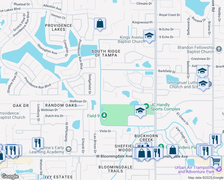 map of restaurants, bars, coffee shops, grocery stores, and more near 2851 Conch Hollow Drive in Brandon