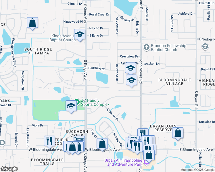 map of restaurants, bars, coffee shops, grocery stores, and more near 608 Huntington Street in Brandon