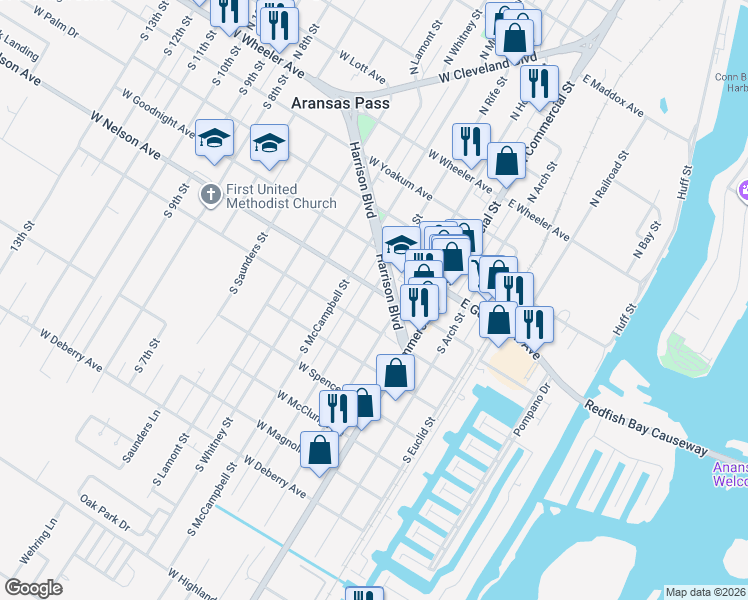 map of restaurants, bars, coffee shops, grocery stores, and more near 530 North Houston Street in Aransas Pass