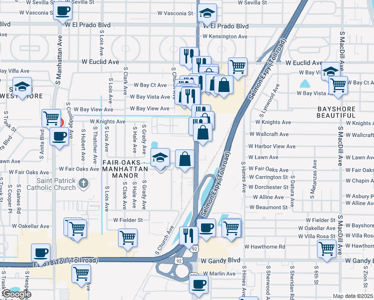 map of restaurants, bars, coffee shops, grocery stores, and more near 4508 South Oak Drive in Tampa