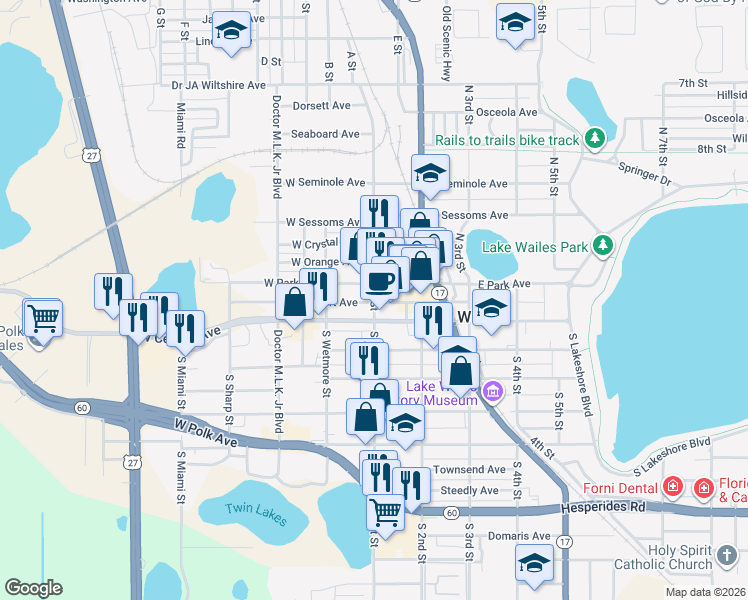 map of restaurants, bars, coffee shops, grocery stores, and more near 115 North 1st Street in Lake Wales