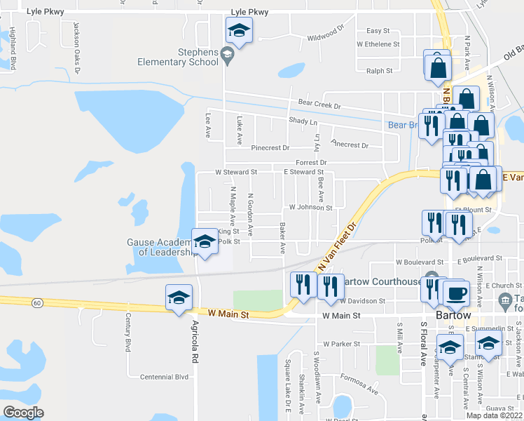 map of restaurants, bars, coffee shops, grocery stores, and more near 1120 Austin Street in Bartow