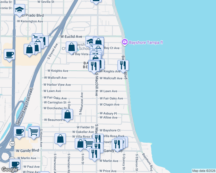 map of restaurants, bars, coffee shops, grocery stores, and more near 3006 West Harbor View Avenue in Tampa