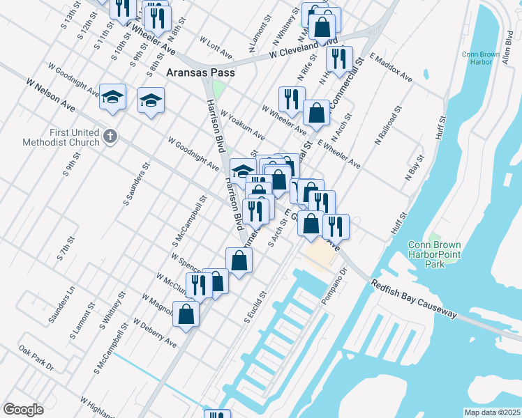 map of restaurants, bars, coffee shops, grocery stores, and more near 462 South Commercial Street in Aransas Pass