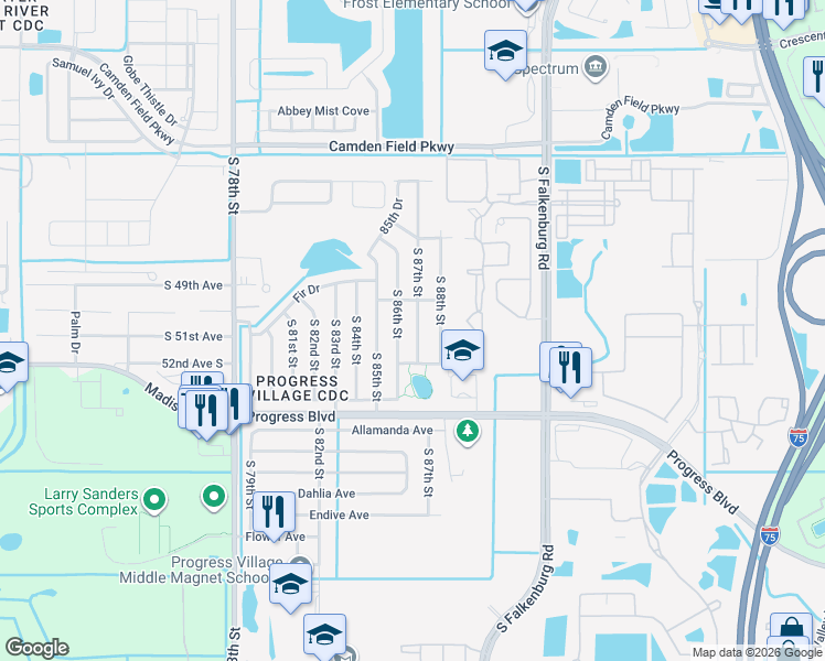 map of restaurants, bars, coffee shops, grocery stores, and more near 5020 South 86th Street in Tampa