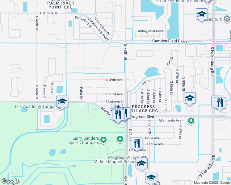 map of restaurants, bars, coffee shops, grocery stores, and more near 7615 South 51st Avenue in Tampa
