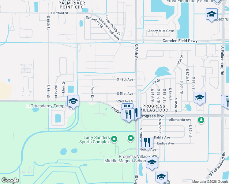 map of restaurants, bars, coffee shops, grocery stores, and more near 7421 South 51st Avenue in Tampa