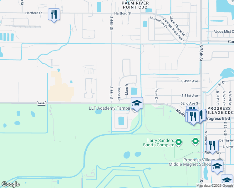 map of restaurants, bars, coffee shops, grocery stores, and more near 5113 Dacca Drive in Tampa