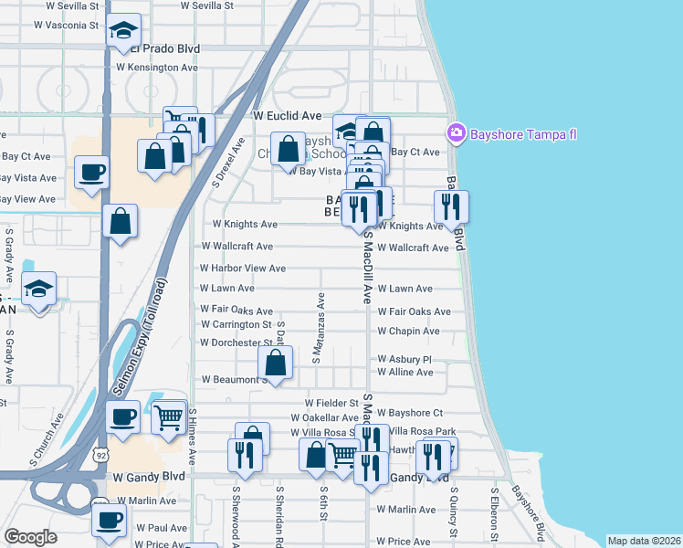map of restaurants, bars, coffee shops, grocery stores, and more near 3117 West Lawn Avenue in Tampa