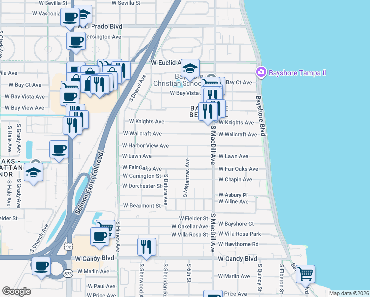 map of restaurants, bars, coffee shops, grocery stores, and more near 3209 West Lawn Avenue in Tampa