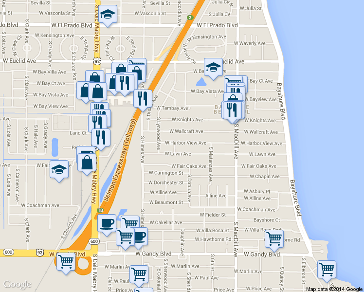 map of restaurants, bars, coffee shops, grocery stores, and more near 3227 West Lawn Avenue in Tampa