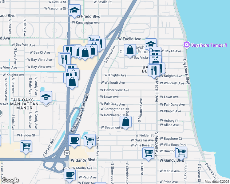 map of restaurants, bars, coffee shops, grocery stores, and more near 3307 West Lawn Avenue in Tampa