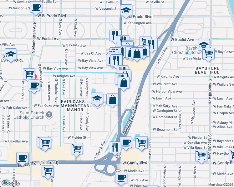 map of restaurants, bars, coffee shops, grocery stores, and more near 4516 South Dale Mabry Highway in Tampa