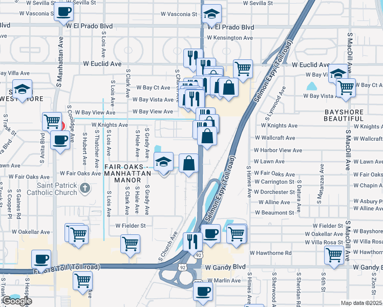 map of restaurants, bars, coffee shops, grocery stores, and more near 4508 South Oak Drive in Tampa