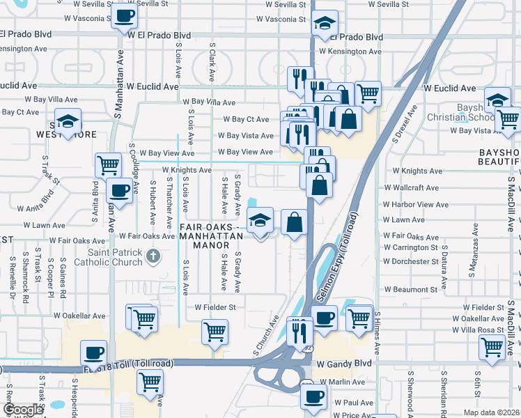 map of restaurants, bars, coffee shops, grocery stores, and more near 3812 North Oak Drive in Tampa
