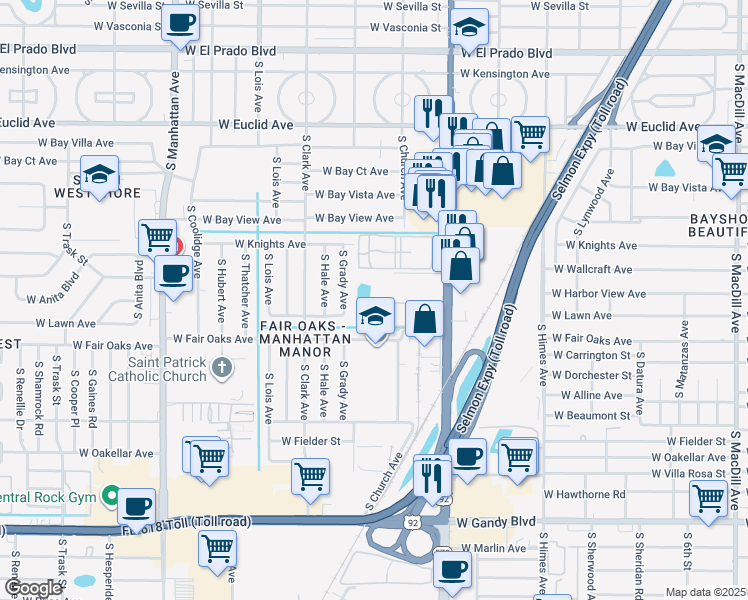 map of restaurants, bars, coffee shops, grocery stores, and more near 3812 North Oak Drive in Tampa