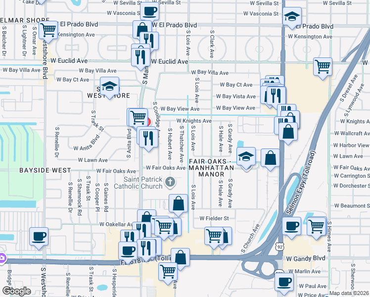 map of restaurants, bars, coffee shops, grocery stores, and more near 4325 South Thatcher Avenue in Tampa