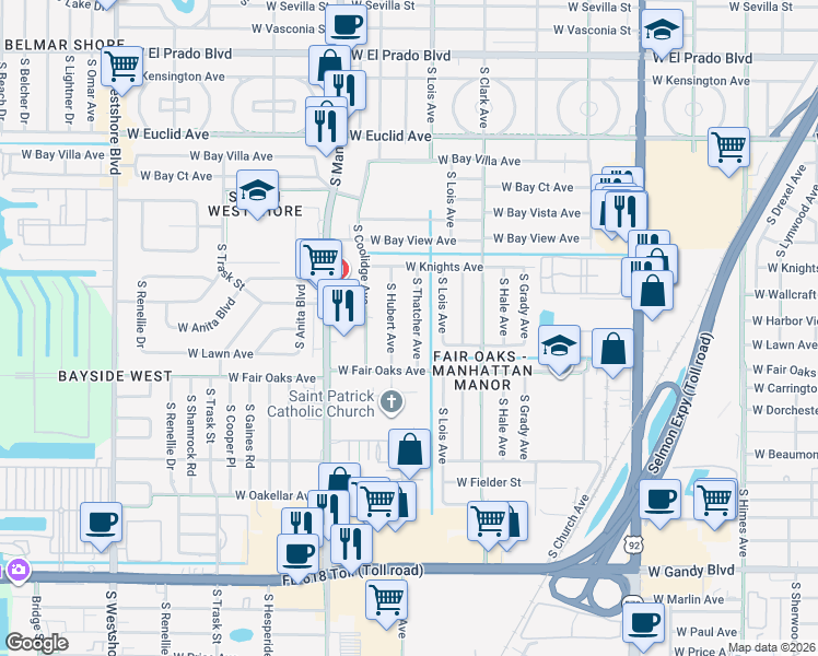 map of restaurants, bars, coffee shops, grocery stores, and more near 4325 South Thatcher Avenue in Tampa