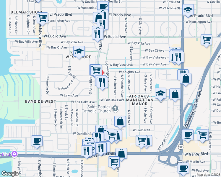 map of restaurants, bars, coffee shops, grocery stores, and more near 4326 South Coolidge Avenue in Tampa