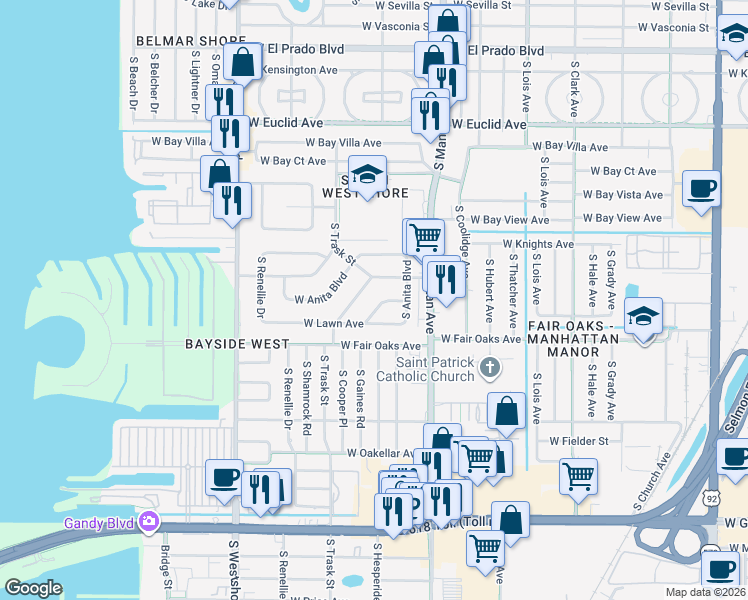 map of restaurants, bars, coffee shops, grocery stores, and more near 4413 West Lawn Avenue in Tampa
