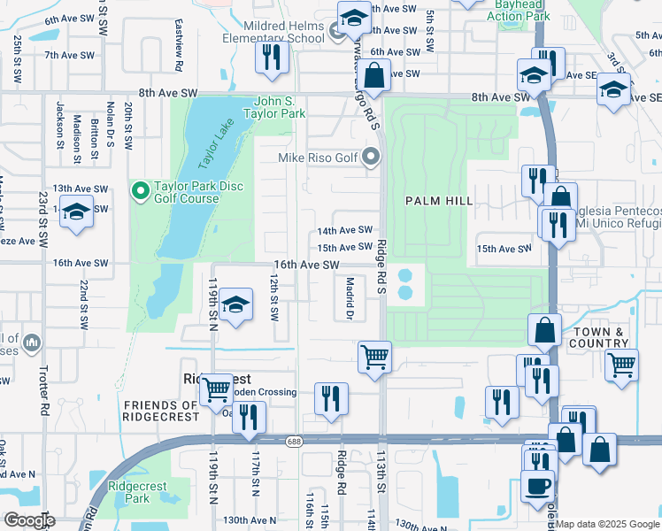 map of restaurants, bars, coffee shops, grocery stores, and more near 1127 17th Avenue Southwest in Largo
