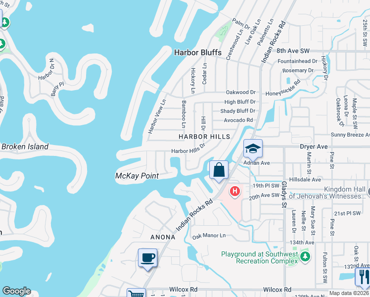 map of restaurants, bars, coffee shops, grocery stores, and more near 1697 McKay Creek Drive in Largo