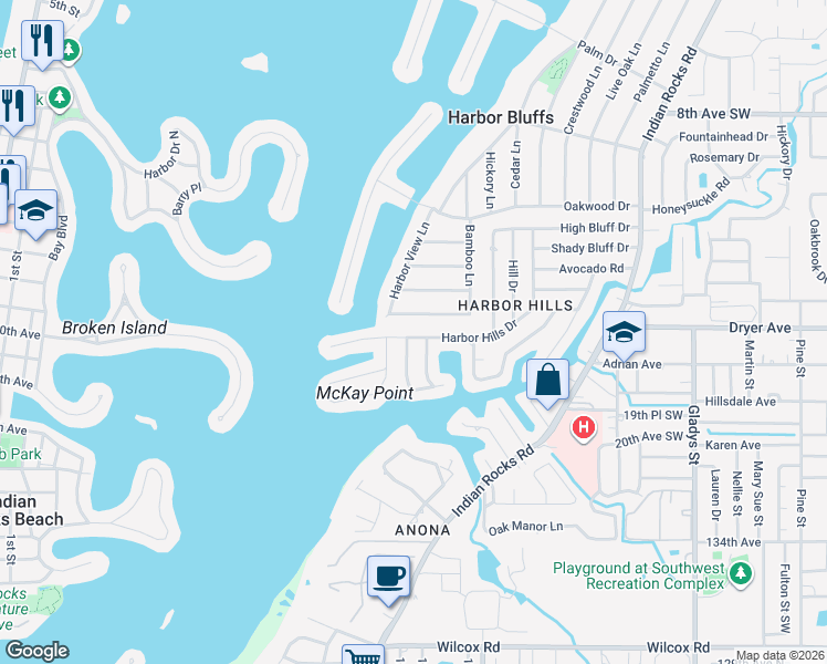 map of restaurants, bars, coffee shops, grocery stores, and more near 1694 Harbor Circle East in Largo