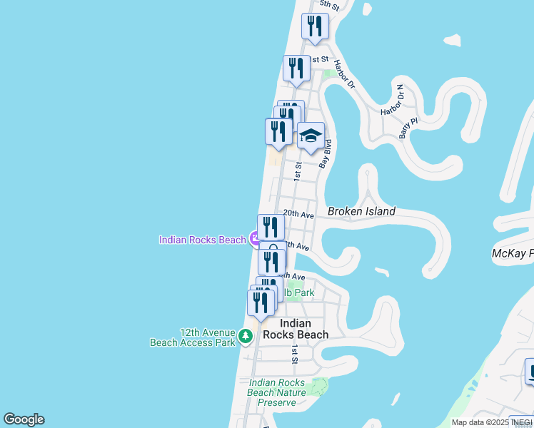 map of restaurants, bars, coffee shops, grocery stores, and more near 1900 Gulf Boulevard in Indian Rocks Beach