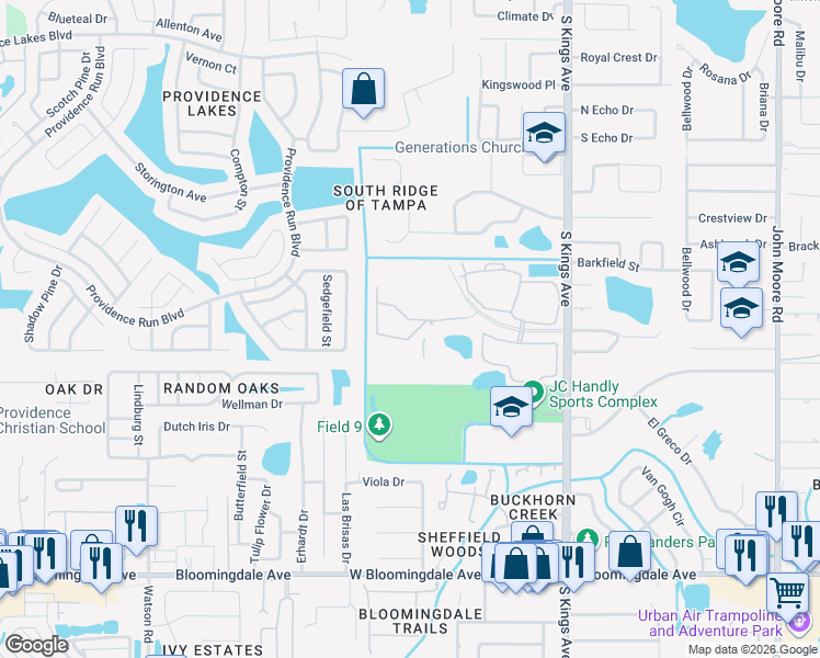 map of restaurants, bars, coffee shops, grocery stores, and more near 2836 Conch Hollow Drive in Brandon