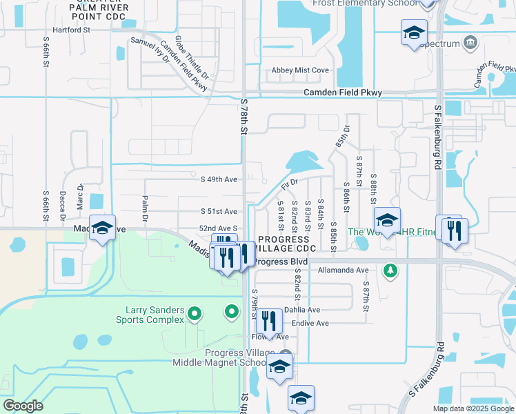 map of restaurants, bars, coffee shops, grocery stores, and more near 7902 Fir Drive in Tampa